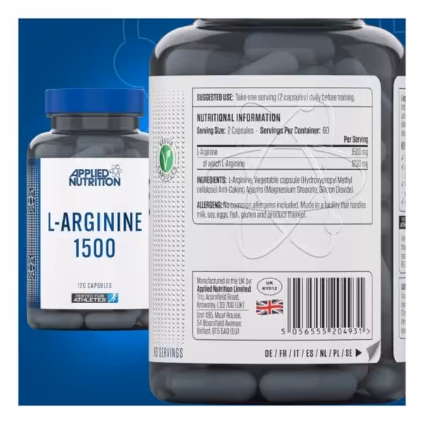 Two bottles of Applied Nutrition L Arginine 1500 supplement capsules are visible, with one label prominently displaying nutritional information, ingredients, and allergen warnings.