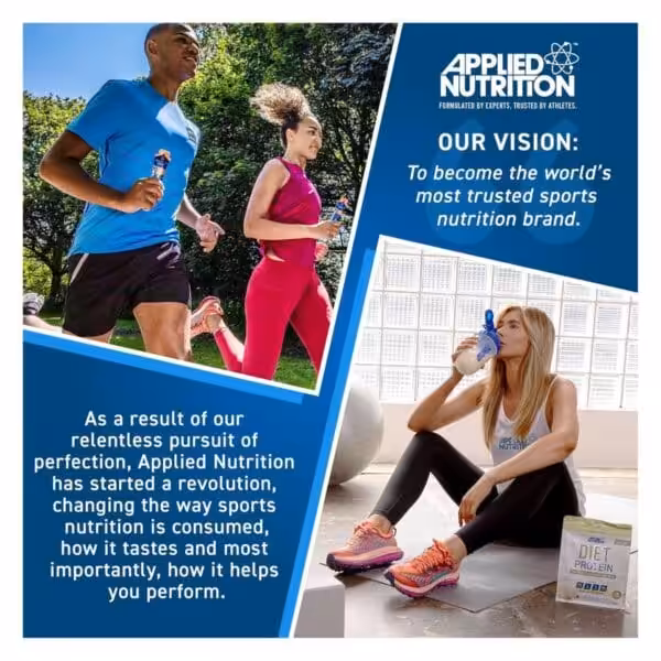 This promotional image for Applied Nutrition features active individuals, including a man and woman running outdoors and another woman drinking a protein shake indoors, alongside various brand statements about their products.