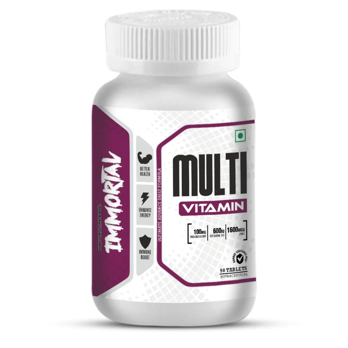 The image displays a white bottle of Immortal Multi Vitamin nutraceutical supplements, prominently featuring claims for better health, enhanced energy, and immune boost, alongside ingredient information including Magnesium, Vitamin D3, and Zinc, with 90 tablets per bottle.