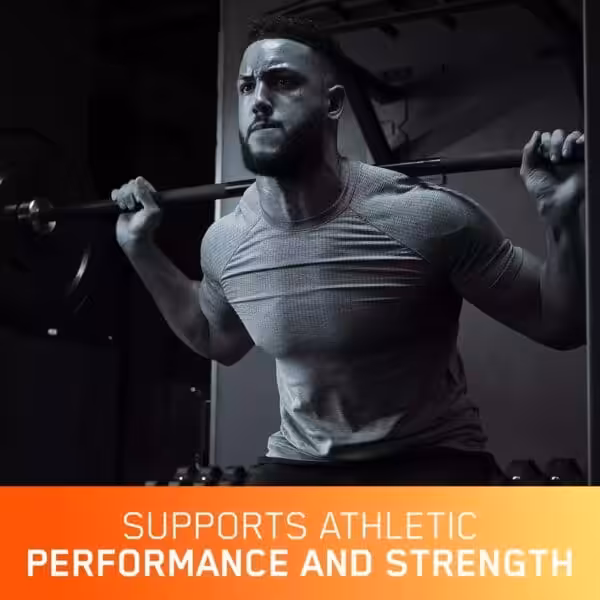 Man performing a barbell squat. Text: Supports athletic performance and strength
