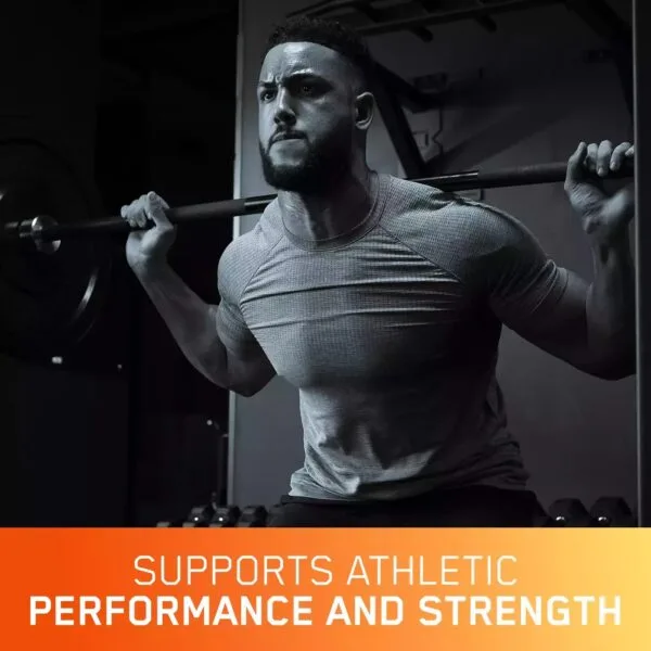 Man performing a barbell squat. Text: Supports athletic performance and strength