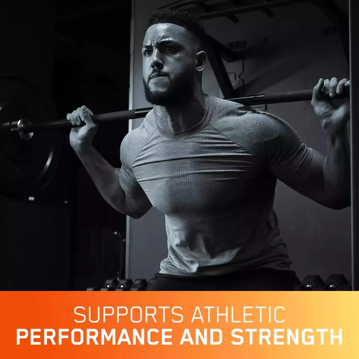Man performing a barbell squat. Text: Supports athletic performance and strength