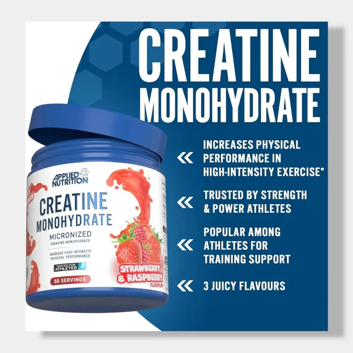 A blue tub of Applied Nutrition Creatine Monohydrate, featuring strawberry and raspberry flavor with fruit and a red liquid splash, is presented alongside text highlighting its performance benefits and mentioning three juicy flavors on a blue and white background.