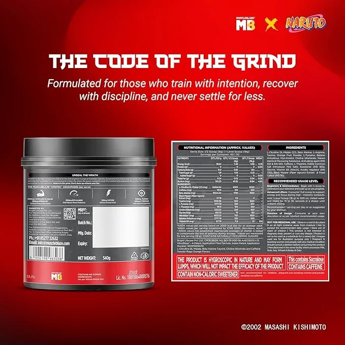 MuscleBlaze X Naruto Pre Workout WrathX Powder (Rage Orange, 540g) | With L-Citrulline DL-Malate, NitroBlaze & Beta Alanine - product image
