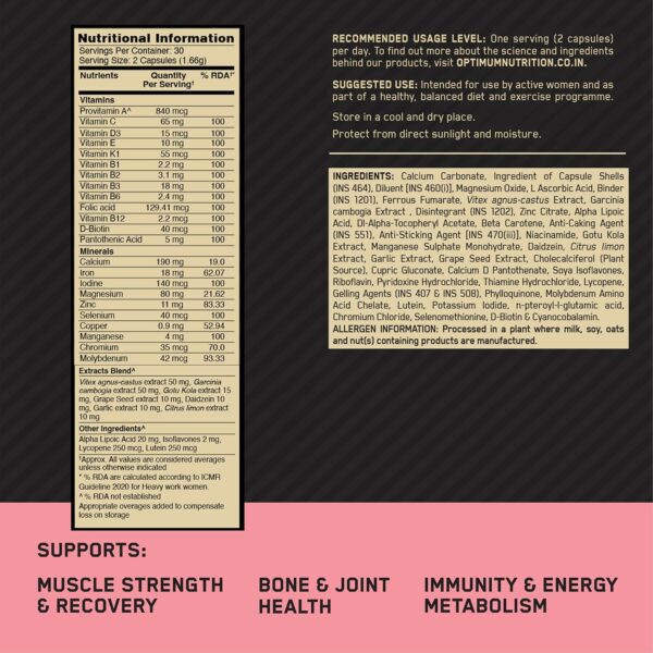 Optimum Nutrition (ON) Opti-Women - Multivitamin Plus For Women , 60 capsules - Image 2
