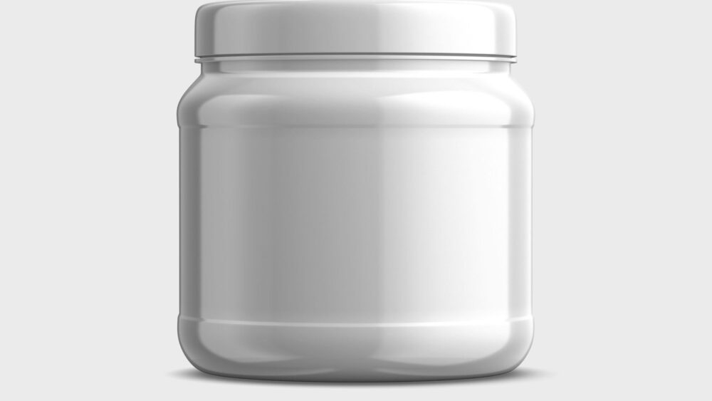 Plain unlabelled supplement tub representing a creatine HCl powder