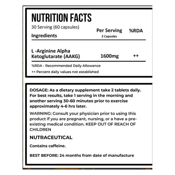 image of nutrition facts of of muscle asylum l arginine 1600mg supplement