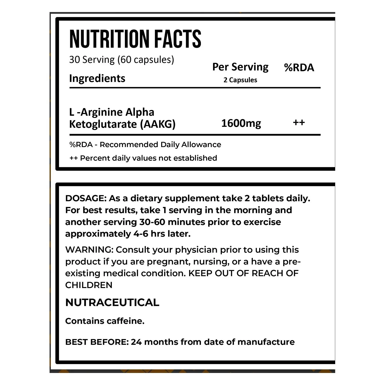 image of nutrition facts of of muscle asylum l arginine 1600mg supplement