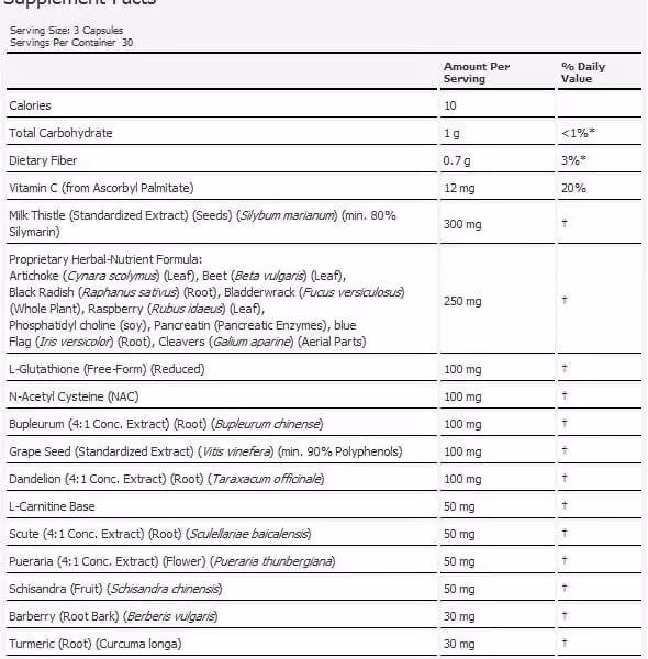 image of nutrition facts of now foods liver refresh supplement