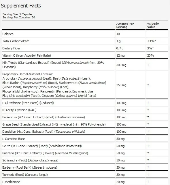 image of nutrition facts of now foods liver refresh supplement