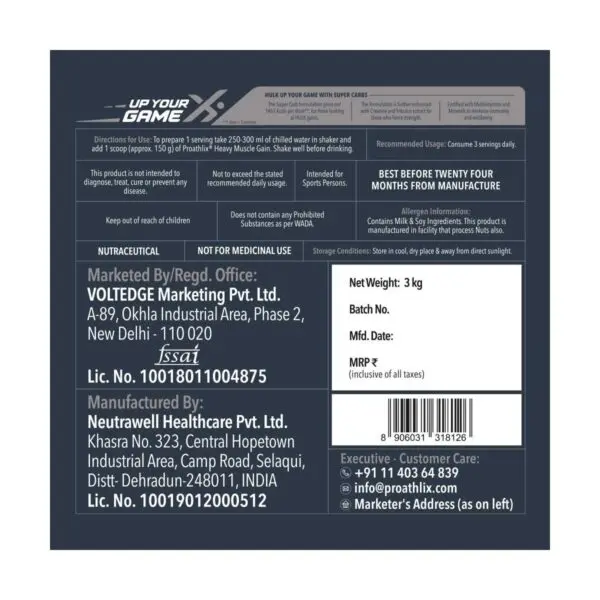 image of proathlix heavy muscle gain whey protein 3 kg