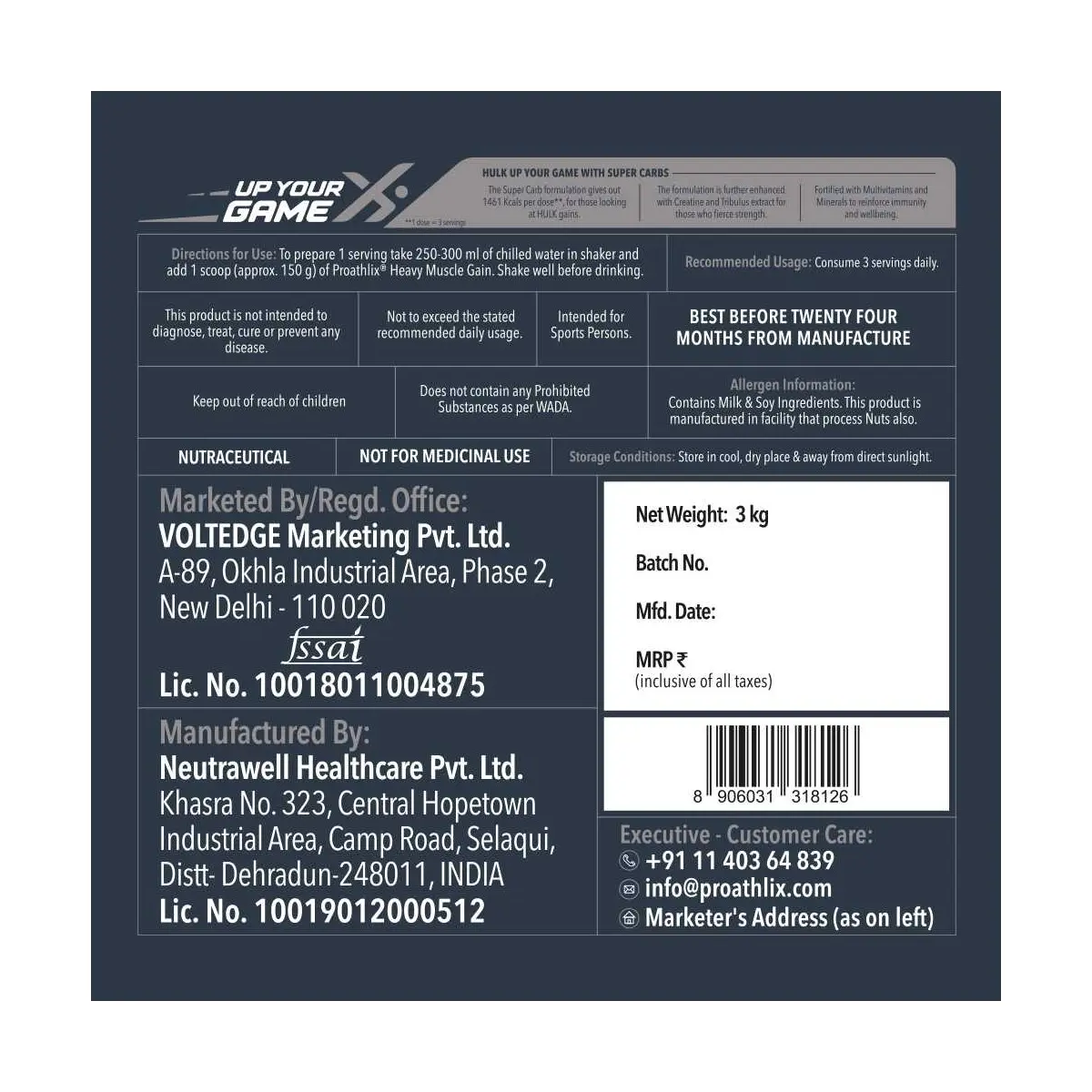 image of proathlix heavy muscle gain whey protein 3 kg