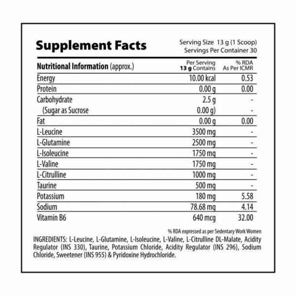 image of nutrition facts of qnt amino endurance supplement