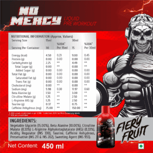 image of nutrition facts of healthfarm no mercy pre workout supplement