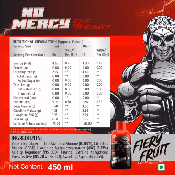 image of nutrition facts of healthfarm no mercy pre workout supplement