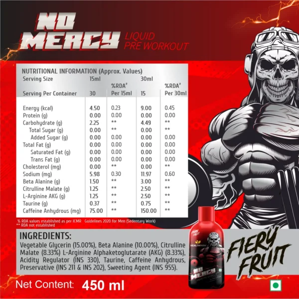 image of nutrition facts of healthfarm no mercy pre workout supplement