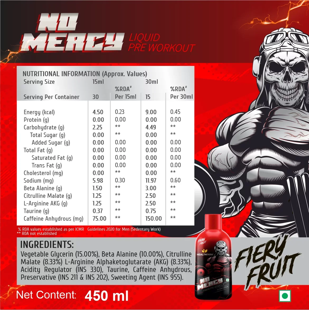 image of nutrition facts of healthfarm no mercy pre workout supplement