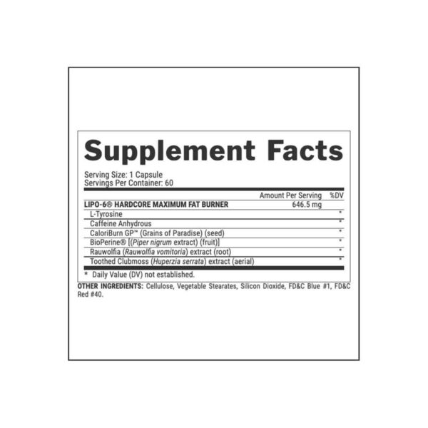 image of nutrition facts of Nutrex Lip-6 Hardcore 60 capsules Unflavoured