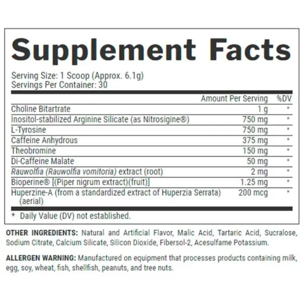 image of nutrition facts of nutrex lipo 6 black training pre workout